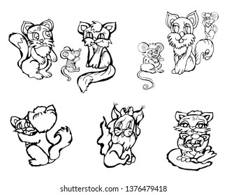 set of cartoon animals. cute cats and mice. bright multicolored hand drawn illustration. funny amazing comic humorous animals.black and white pictures for coloring children