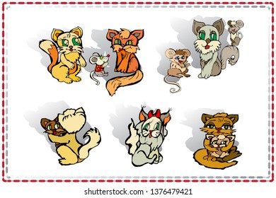 set of cartoon animals. cute cats and mice. bright multicolored hand drawn illustration. funny amazing comic humorous animals. pictures for children