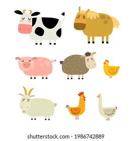 set with cartoon animals. Farm. colorful vector illustration, flat style. design for print, greeting card, poster decoration, cover