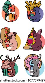 Set of the cartoon animals with food