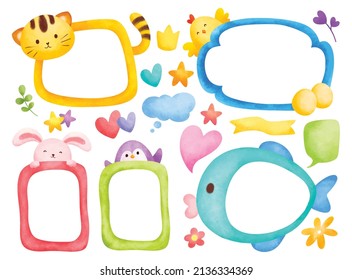 Set of Cartoon Animals Frame in Watercolor Style Vector Illustration