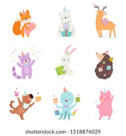 Set of cartoon animals with gifts. Vector illustration on a white background.