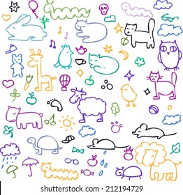 set of cartoon animals, hand drawn design elements