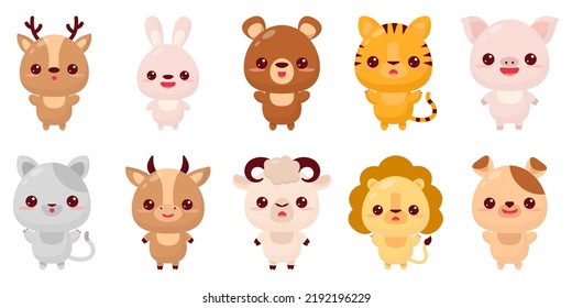 Set  cartoon animals in hand drawn style on white background. Hand drawn illustration. Cartoon vector illustration. Cute symbol. Funny vector illustration. Funny cartoon character.