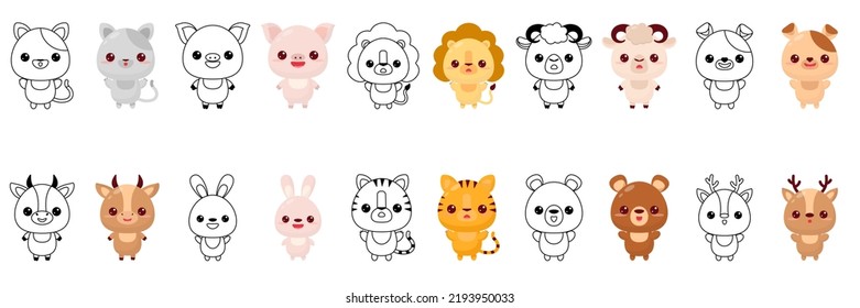 Set cartoon animals in hand drawn style on white background. Hand drawn illustration. Cartoon vector illustration. Cute symbol. Funny vector illustration. Funny cartoon character