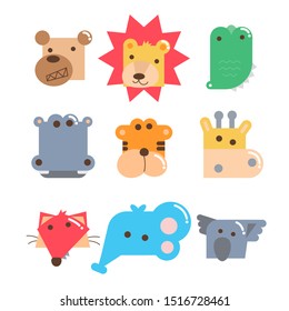 Set of cartoon animals head, lion, tiger, giraffe, hippo, fox, koala, crocodile, elephant, dog vector illustration.