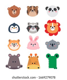 Conjunto de cabezas de animales de la caricatura, oso, tigre, panda, pingüino, mapache, león, zorro, conejo, koala, hipopótamo, jirafa y cocodrilo aislados en el vector de ilustración de fondo blanco.