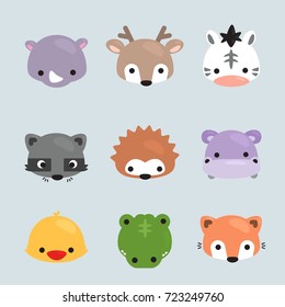Set of Cartoon animals heads, rhino, deer, zebra, raccoon, porcupine, hippo, chick, crocodile, and fox on isolated background illustration vector.