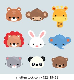 Set Of Cartoon Animals Heads, Tiger, Monkey, Giraffe, Lion, Rabbit, Elephant, Cat, Panda, And Bear On Isolated Background Illustration Vector.