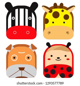 Set of Cartoon animals heads, zebra, giraffe, dog, ladybug. Flat design, vector.