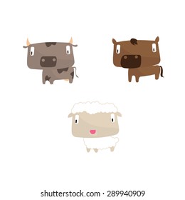 Set of cartoon animals including cow, horse and sheep.