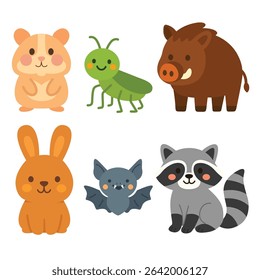 Set of cartoon animals including hamster, grasshopper, wild boar, rabbit, bat, and raccoon. Flat colorful illustration on white background. Forest and wild animal concept. Design for sticker, card