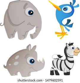 set of cartoon animals isolated on white background elephant, bird, rhino, zebra