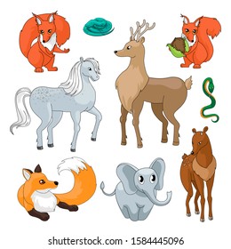 Set of cartoon animals isolated on white background. Stock vector illustration for kids