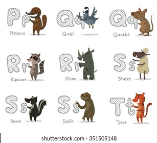 set of cartoon animals with letters. Animal funny alphabet. Platypus. Quail. Quokka. Raccoon. Rhino. Sheep. Skunk. Sloth. Tiger. vector illustrations