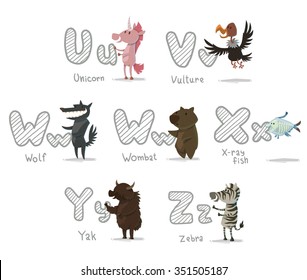 set of cartoon animals with letters. Animal funny alphabet. Unicorn. Vulture. Wolf. Wombat. X-ray fish. Yak. Zebra. vector illustrations