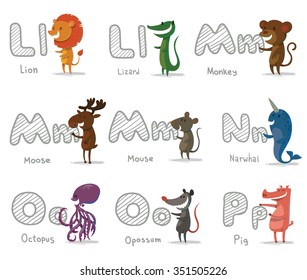 set of cartoon animals with letters. Animal funny alphabet. Lion. Lizard. Monkey. Moose. Mouse. Narwhal. Octopus. Opossum. Pig. vector illustrations