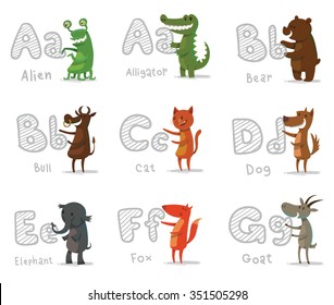 set of cartoon animals with letters. Animal funny alphabet. Alien. Alligator. Bear. Bull. Cat. Dog. Elephant. Fox. Goat. vector illustrations
