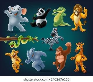 set of cartoon animals lion tiger zebra elephant crocodile gorilla rhinoceros snake panda giraffe