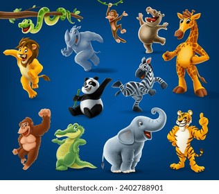 conjunto de animales de dibujos animados tigre elefante cebra cocodrilo gorila rinoceronte serpiente panda giraffe hippotamus chimppanzee