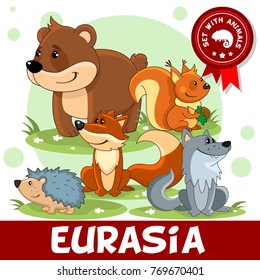 A set of cartoon animals living in Eurasia for children and for design. Image of a bear, a prickly hedgehog, squirrels with a nut, a wolf and a fox.
