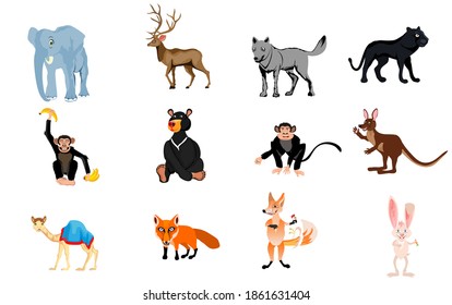 Set of cartoon animals on different poses, isolated on white vector illustration