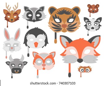 Set of cartoon animals party masks vector holiday illustration party fun masquerade festival decoration.