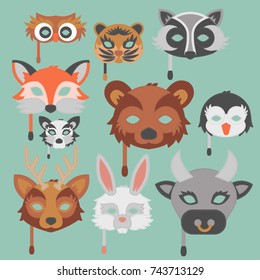 Set of cartoon animals party masks vector holiday illustration, party fun masquerade festival decoration.