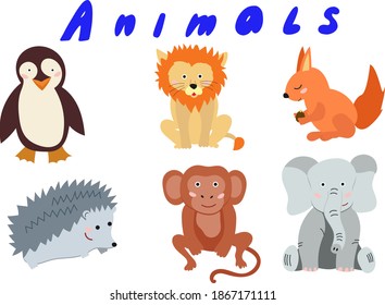 Set of cartoon animals penguin, lion, squirrel, hedgehog, monkey, elephant, Vector illustration for children