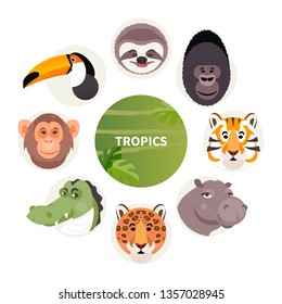 Set of cartoon animals of rainforest and jungle. Vector illustration