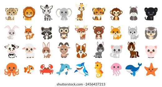 Set of cartoon animals. Safari, farm, forest, sea animals.