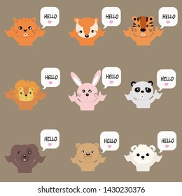Set of cartoon animals say hello. Vector illustration.