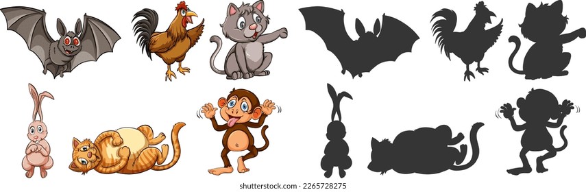 Set of cartoon animals with silhouette illustration