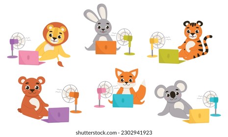 Set of cartoon animals sitting on the floor with a laptop and a fan. Bear, hare, fox, lion, tiger and koala with ventilation equipment in hot weather. Vector graphic.