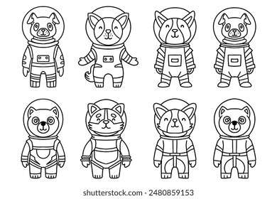 A set of cartoon animals in space suits. The animals are all different sizes and are all wearing the same type of space suit