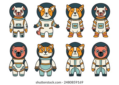 A set of cartoon animals in space suits. The animals are all different sizes and are all wearing the same type of space suit