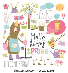 Set of cartoon animals and spring elements