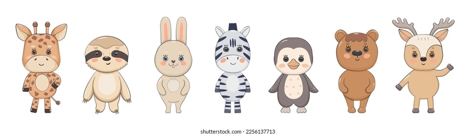 Set of cartoon animals with stroke. Zebra bear hare giraffe deer penguin sloth stand tall. Vector illustration for kids designs.