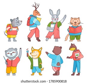 Set of cartoon animals students. Mouse with backpack, deer with textbook, bunny holding papers, cat reading book, sloth with pencil, fox hold tube with liquid, bear stand back, back to school