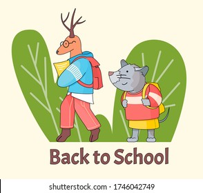 Set of cartoon animals students or pupils. Deer wearing glasses, hoodie and red backpack, notebook. Mouse girl with yellow backpack wearing skirt smiling. Back to school. Vector kid's illustration