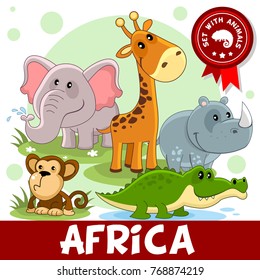 A set of cartoon animals that live in Africa for children or for design. The image of an elephant, giraffe, crocodile, rhinoceros and monkey.