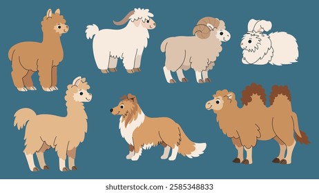 Set of cartoon animals that produce wool and fiber. Sheep, goat, rabbit, dog, alpaca, llama, and camel. Farm animals used for warm wool production.