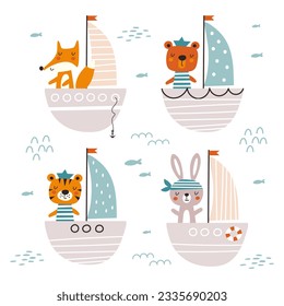 Set cartoon animals  traveling by ship.  Vector illustration