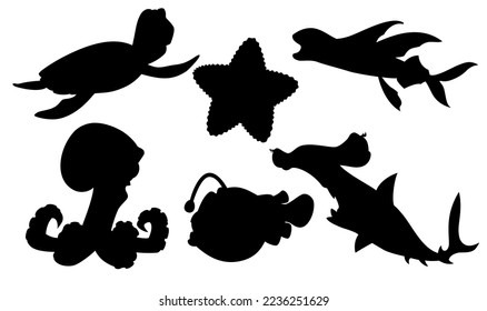 Set of cartoon animals of the underwater world in silhouette style for print and design. Vector illustration.