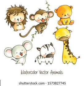 Set of Cartoon Animals in Water color Illustration