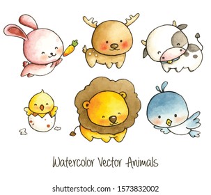 Set of Cartoon Animals in Water color Illustration