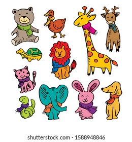 Set of cartoon animals wearing scarf