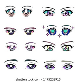 Set of cartoon anime eyes of male and female characters, japanese manga kawaii style. Vaporwave aesthetics vector illustration for fashion print, poster, cover ect.