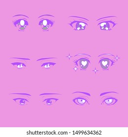 Set of cartoon anime eyes of male and female characters, japanese manga kawaii style. Vaporwave aesthetics vector illustration for fashion print, poster, cover ect.