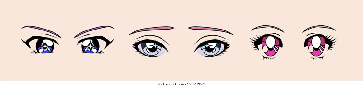 Set of cartoon anime eyes of male and female characters, japanese manga kawaii style. Vaporwave aesthetics vector illustration for fashion print, poster, cover ect.